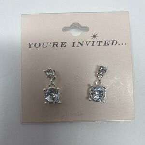 Sparkling Clear Dangle Stud Earrings Silver Tone Fashion Jewelry Round Cut